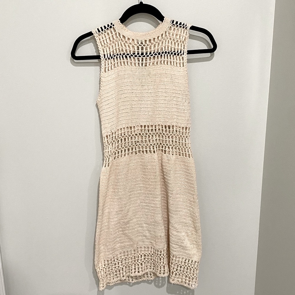Handmade Crochet Dress 70s Bohemian High Neck Sheer Vintage Cream
